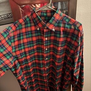 Vineyard Vines Men's Red and Green Plaid Shirt